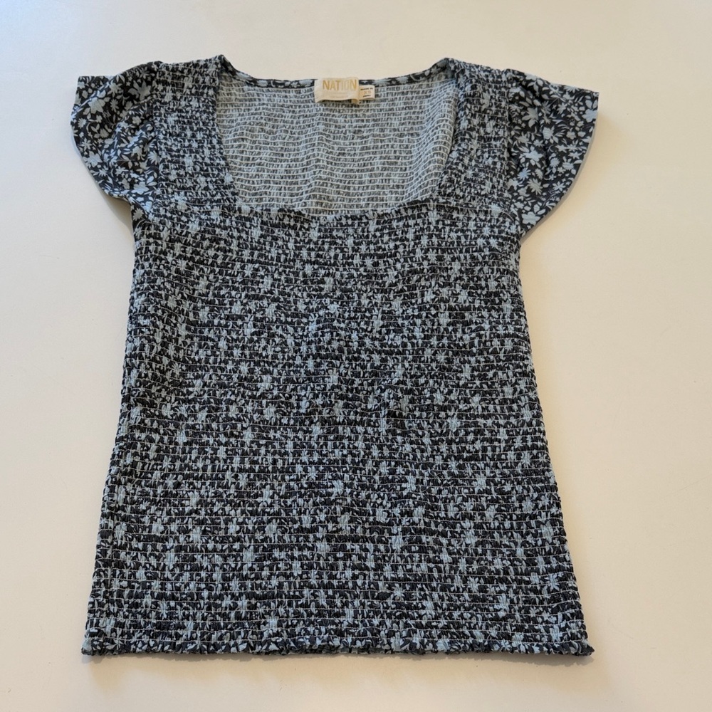 Nation LTD Grey and Light Blue Smocked Square-Neck Short Sleeve Top